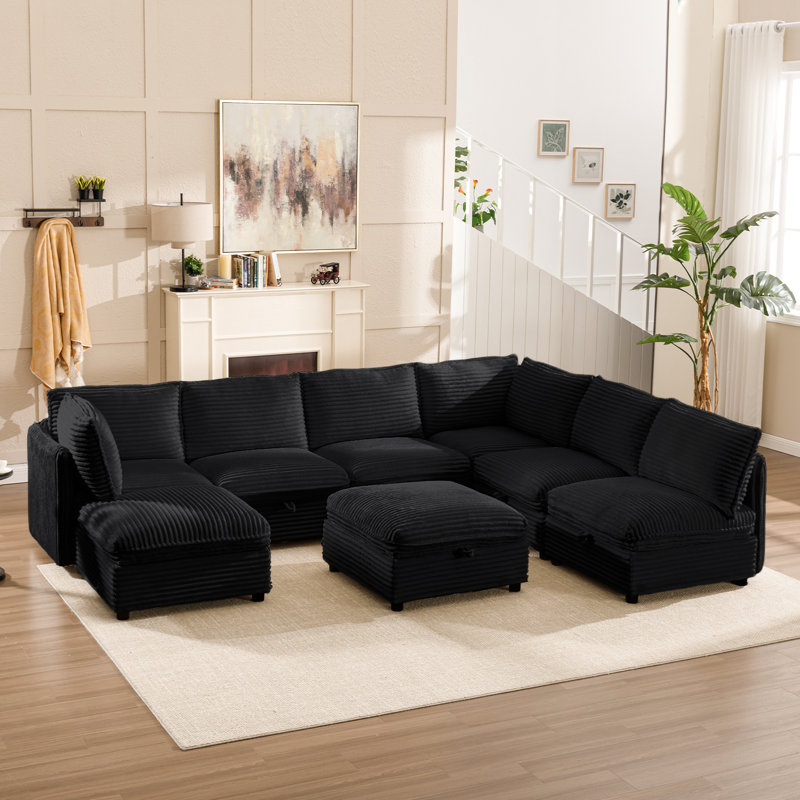 Canapé modulaire à 5 places avec rangement caché et 3 repose-pieds, Velours côtelé noir