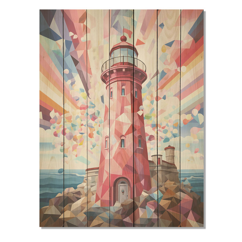 Phare coloré au crépuscule - coucher de soleil côtier sur bois, H 20 po x l 10 po