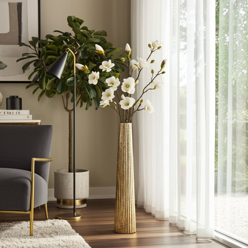 Metal Aluminum Vase with Sleek Modern Design and Textured Cylindrical Shape for Contemporary Decor - 35", Ribbed Gold, 35" H 