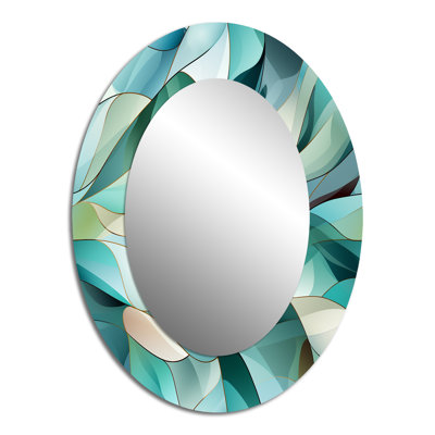 Motif côtier de mosaïque vert clair en verre de mer - miroir décoratif ovale abstrait sur métal