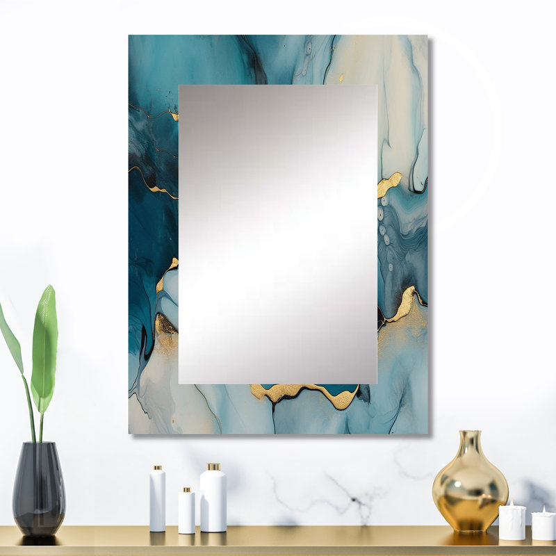 Makhi Turquoise Gold Infused Marble IV - Fractals Wall Mirror, Modern Decorative Mirror, Printed Metal Art, 32" x 24"