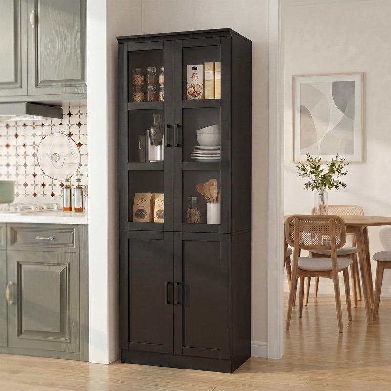 Armoire de rangement 80 po sur pied avec tablettes réglables et portes en verre trempé, BLACK