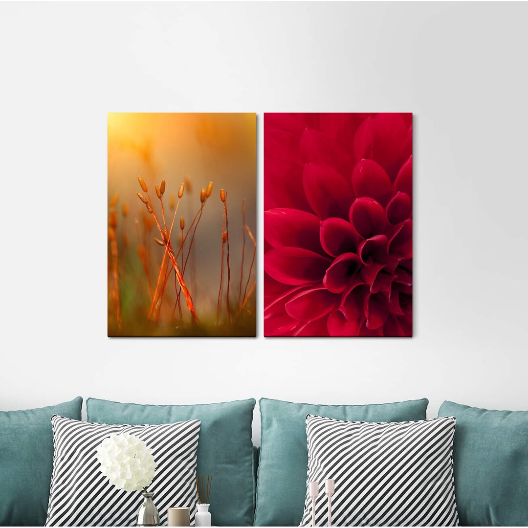 2-tlg. Leinwandbilder-Set - Fotografie „Dahlia Red Blossom Flower Summer Warm Light Focus”