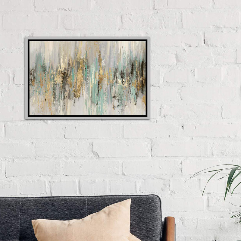 «Dripping Gold I» par Tom Reeves - reproduction imprimée, Toile avec cadre photo, H 32 po x l 48 po x P 1,5 po, Argent argent
