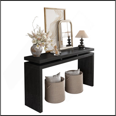 60'' Black Farmhouse Console Table - Retro Wooden Entryway Table With Double Board Suspension Design, Solid Wood & MDF, Sofa Table For Living Room