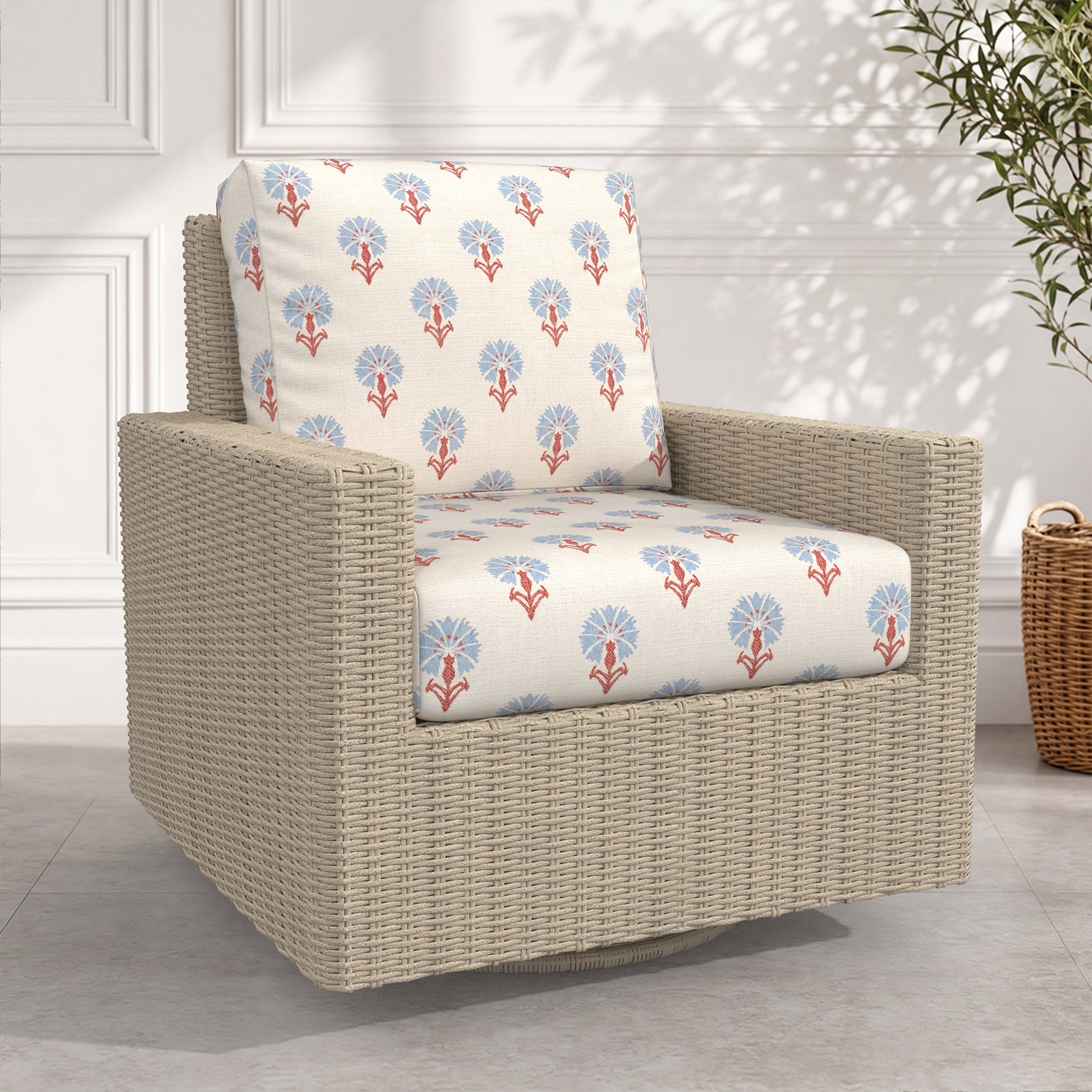 Hayes Sunbrella® Swivel Patio Lounge Chair, Floral, Sunbrella® Mira Bluebell