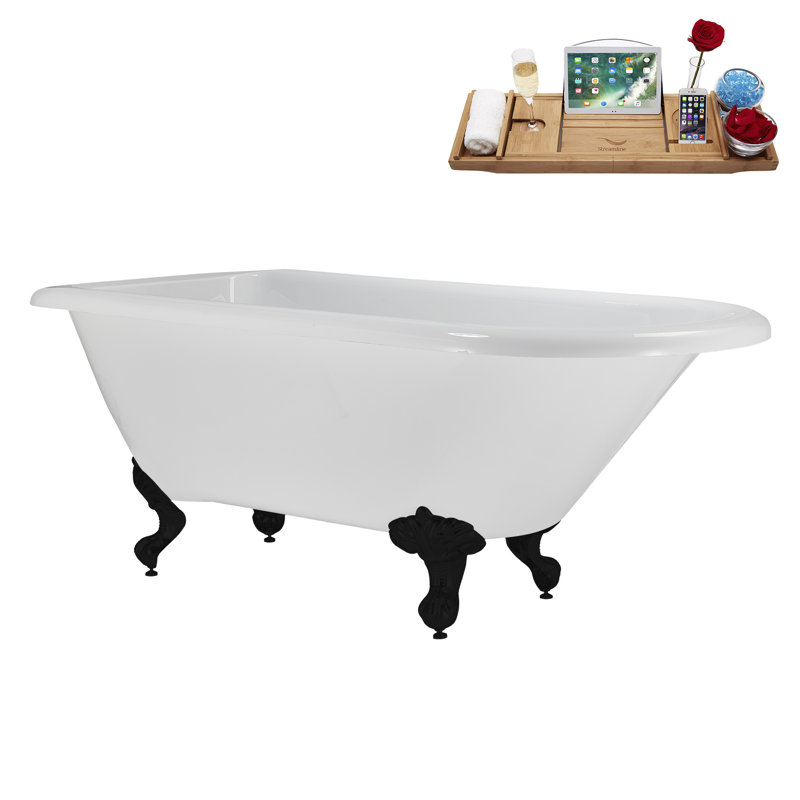 62" Streamline Clawfoot Tub,Tray,Drain, Clawfeet, Matte Black, Brushed Nickel