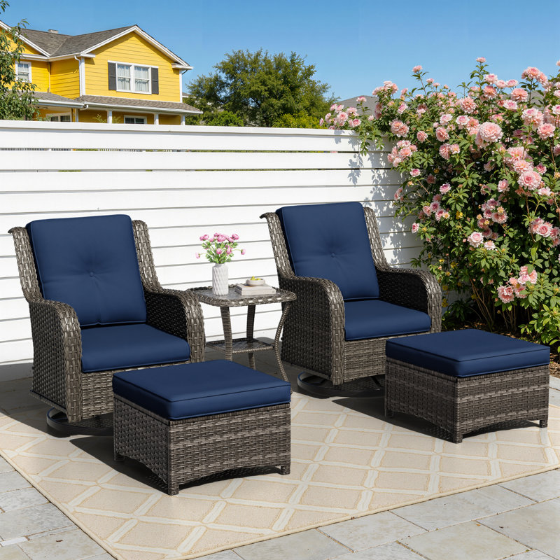 2-Person Outdoor Patio Conversation Rattan Seating Group With 2 Ottomans,2 Swivel Chairs and Blue Cushions, Blue
