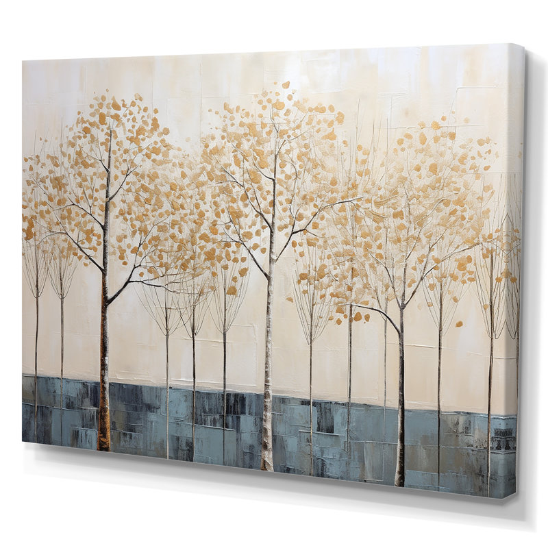Minimalisme, scène d'arbres bleus et or I sur toile, Toile tendue, H 30 po x l 40 po x P 1,5 po