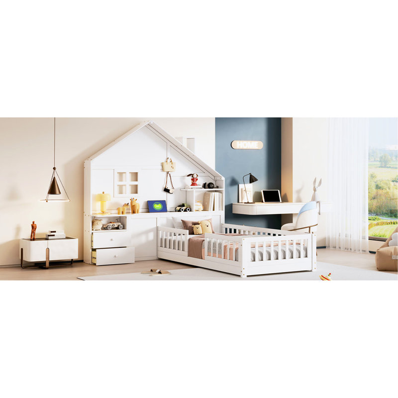 Lit simple blanc avec fenêtre, tiroirs de rangement de chevet, douilles et tablette dans une étagère d'interface