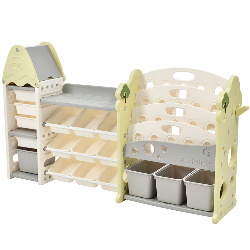 Kids Bookshelf Toy Storage Organizer With 17 Bins And 5 Bookshelves,Multi-functional Nursery Organizer Kids Furniture Set Toy Storage Cabinet Unit with HDPE Shelf and Bins