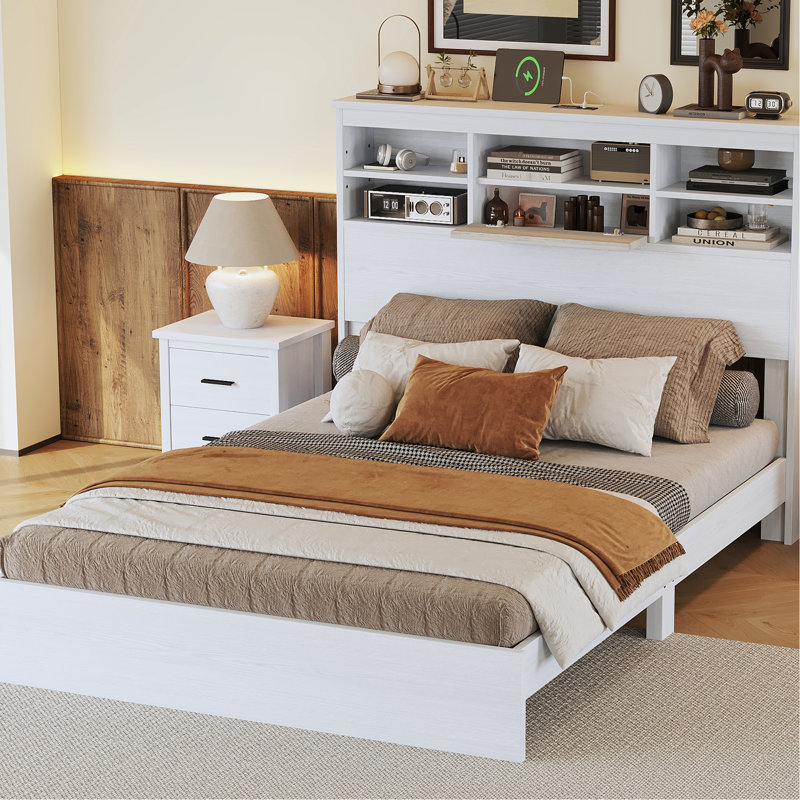 Grand lit plateforme attrayant avec rangement pour tête de lit et fonction rétro-fonctionnelle, blanc, Blanc