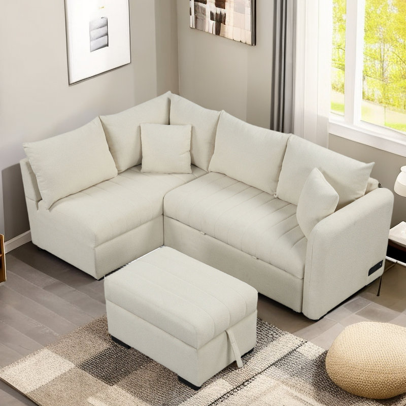 Upholstered Sectional, Beige Fabric
