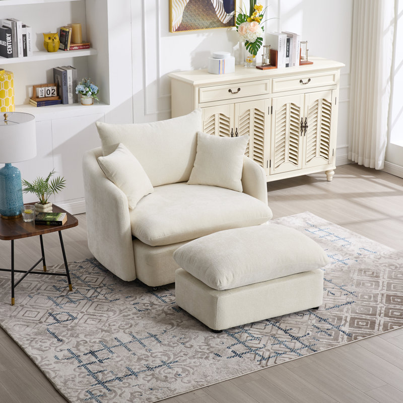 46" Oversized Swivel Chair With Ottoman Upholstered Deep Seat Accent Chair With 2 Pillows Suitable For Living Room, Bedroom, Lounge, Office