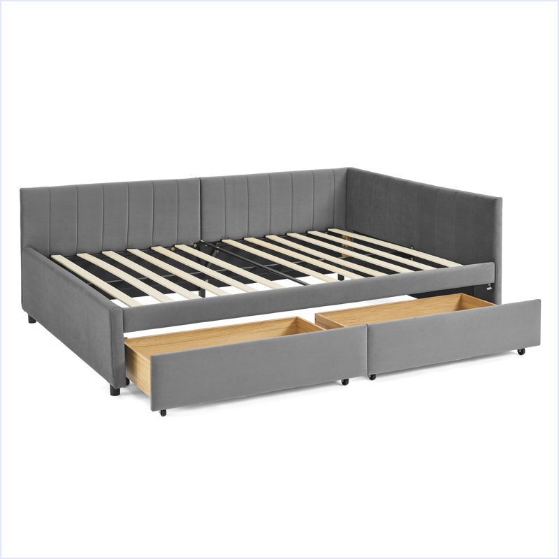 Full Size Upholstered Tufted Bed Frame With Two Drawers, Sofa Bed Frame With Comfortable Backrest And Armrests, Velvet, Grey