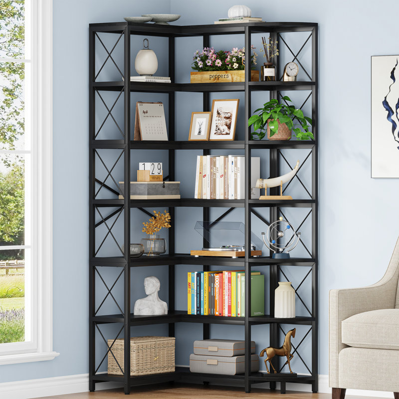 Sheehan Reversible Corner Bookcase, L-Shaped Bookshelf, Black
