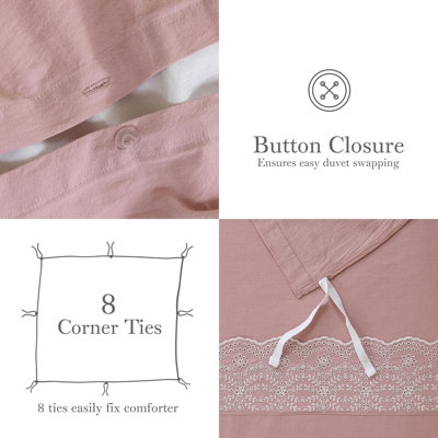 Ensemble de housse de couette rose Dreamology avec broderie florale, doux et respirant, bordure festonnée, taies décoratives assorties | 2 pièces