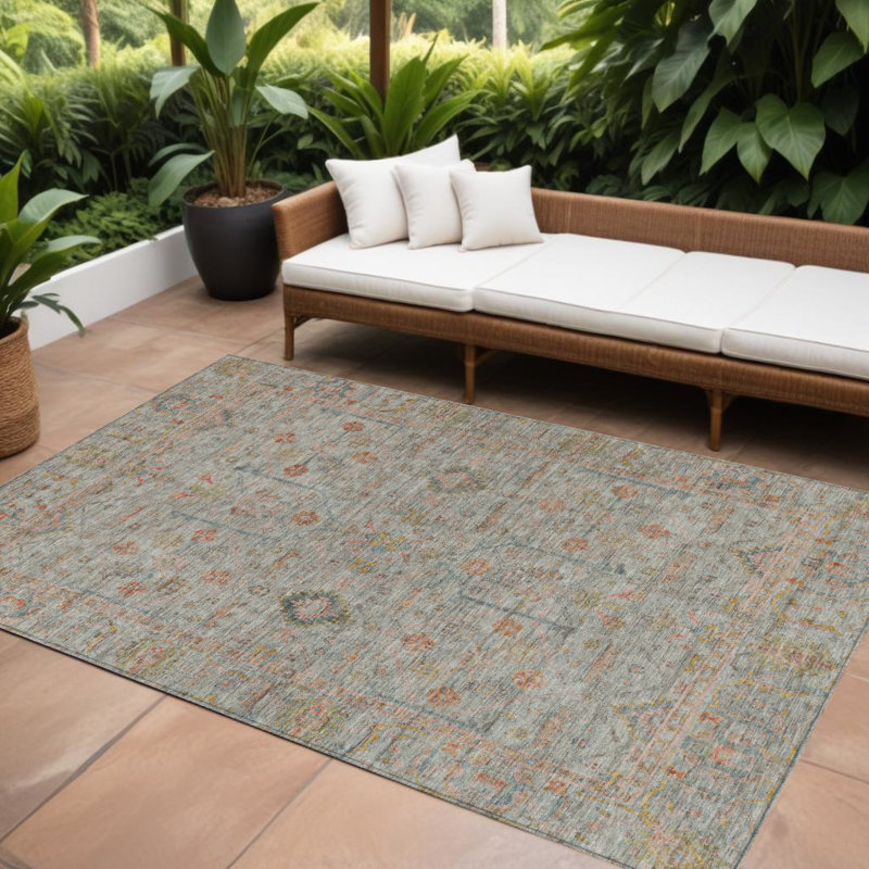 Tapis extérieur lavable floral taupe 10 'x 14' en terre cuite et brun clair