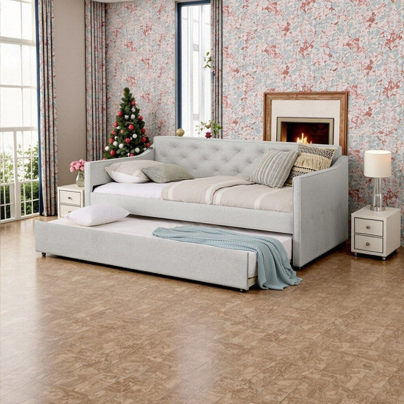 Dormal Twin Size Upholstered Daybed With Pop-Up Trundle USB Charging Plywood & MDF Frame, Beige