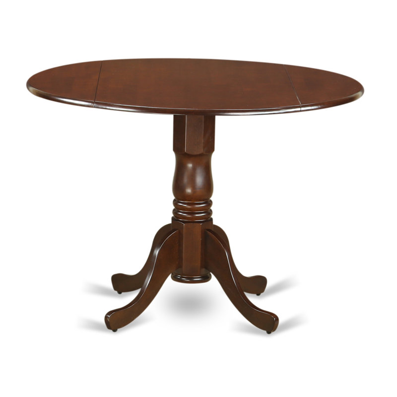 5 Piece Modern Dining Table Set Includes a Round Wooden Table with Dropleaf and 4 Linen Fabric Dining Room Chairs, 42x42 Inch, Mahogany