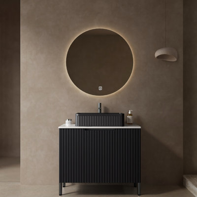 Meuble-lavabo autoportant de 30 po, lavabo noir, comptoir en pierre frittée blanche, portes à rayures françaises, fermeture en douceur, meuble-lavabo de haute qualité avec système autoportant en céramique