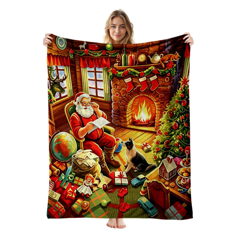 Plaid en flanelle polaire JYK pour Noël, léger, respirant, doux et chaud en microfibre pelucheuse, 102 x 127 cm, motif Père Noël et cheminée.