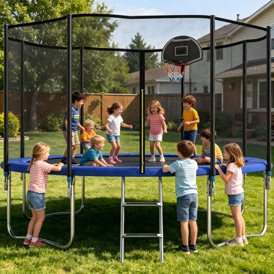Trampoline 10 pi avec filet d'enclos de sécurité et panier de basketball, trampoline d'extérieur pour enfants et adultes - Amusement récréatif