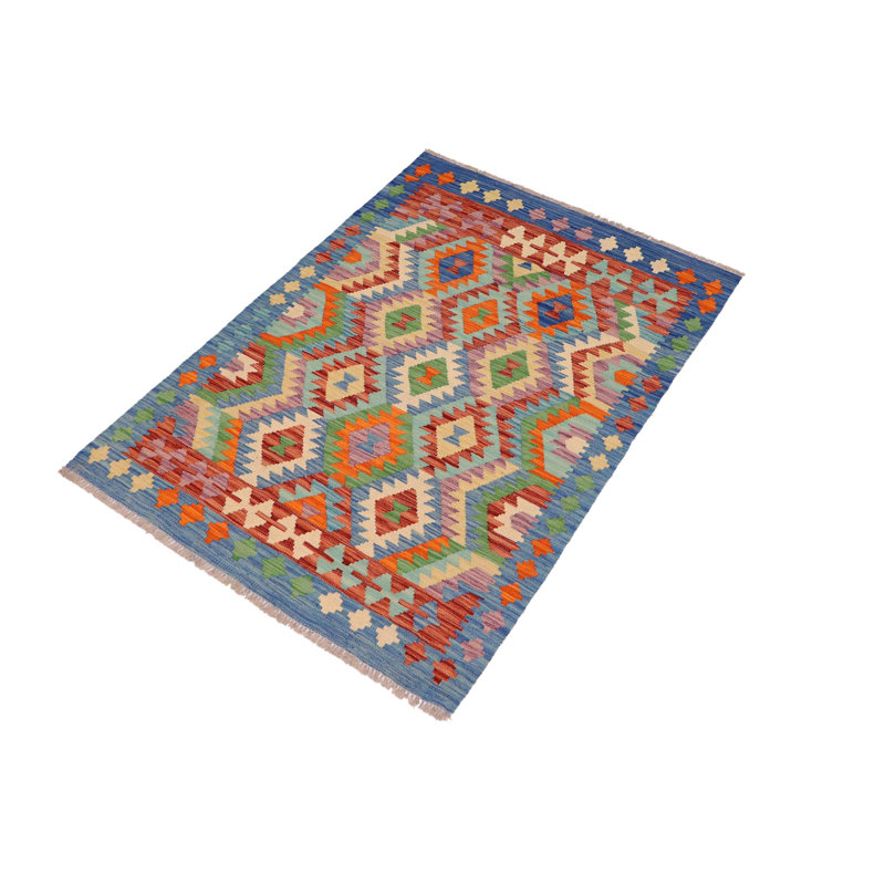 Tapis bleu / rouille / beige à motif géométrique en laine tissé à plat rectangulaire Rippeon
