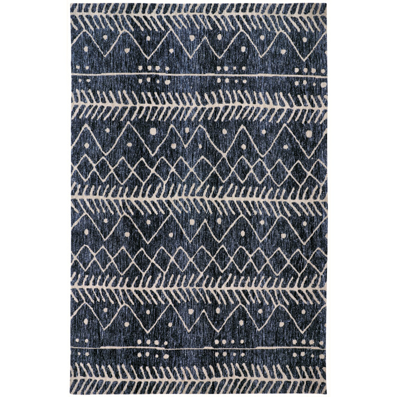 Tapis bleu à motif géométrique tissé à la machine, Rectangle 2 pi x 3 pi