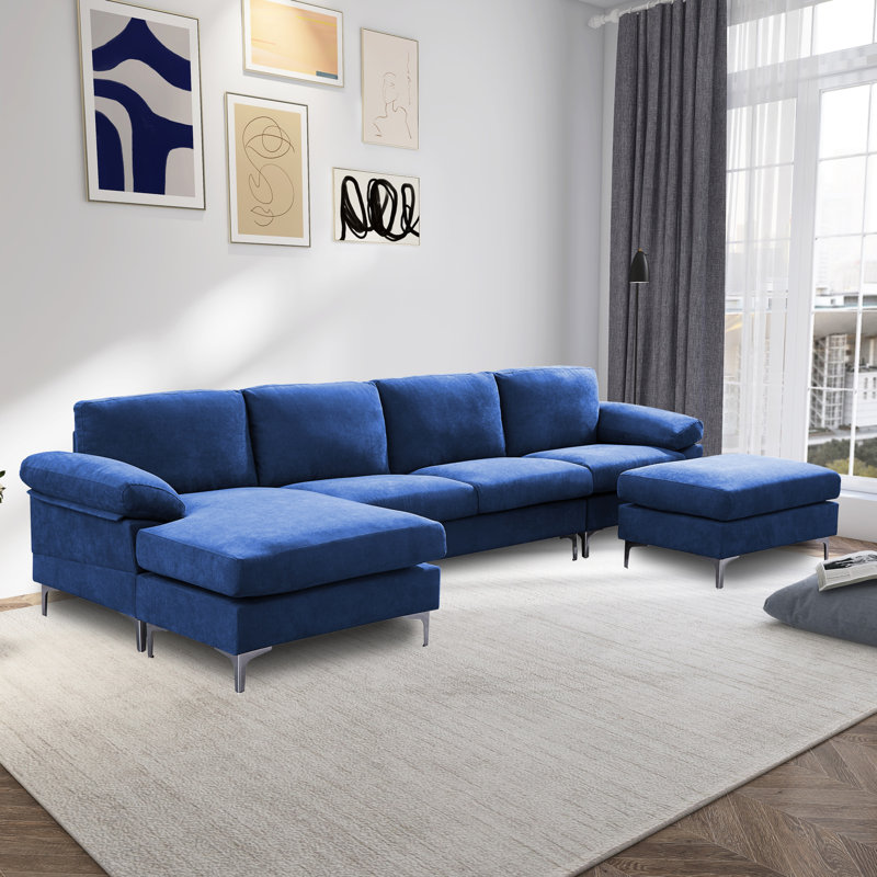 Canapé modulaire réversible avec repose-pieds Landover, Mélange de polyester bleu marine