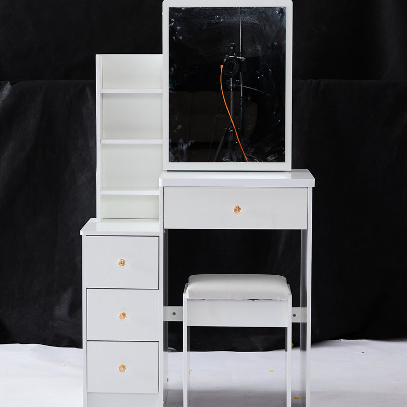 Left Bedside Cabinet Vanity Table For Small Spaces, With Padded Chair & Extra Large Sliding Mirror, Multi-Layered Storage, Stylish White Dresser Sized Cushioned Stool, Multi-Layer High Capacity