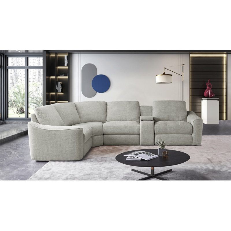 Upholstered Power Motion Modular 5-Piece 3-Recliner L-Sectional, Wireless Charging Storage Console, Gray Green Polyester