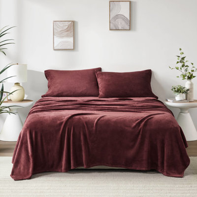 Ensemble de draps pour grand lit 4 pièces 100% ultra doux bourgogne avec draps-housses plats et 2 taies d'oreiller brossées des deux côtés Lavable à la machine
