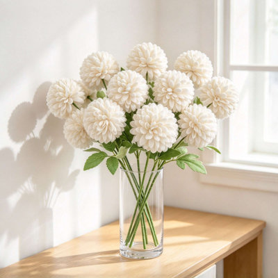 Lot de 12 chrysanthèmes artificiels en pompons, tiges de fleurs en soie avec feuilles vertes, fausses fleurs rondes pour vase, centre de table de mariage et décoration intérieure
