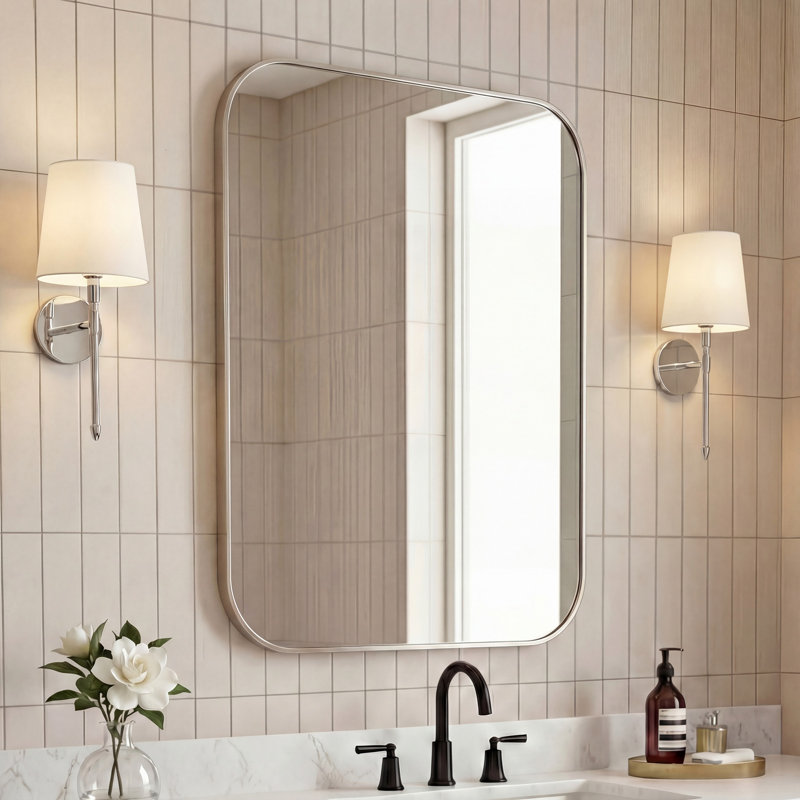 Miroir de salle de bain mural rond en métal rectangulaire l 24 po x H 36 po Aleria, Nickel