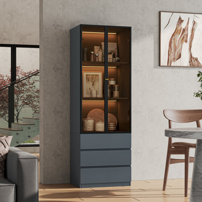 Crafton 70.9'' H Gray China Cabinet Lighted With 3-Tier Dining Shelf, Modern Wooden Curio Cabinet Display Hutch Bookcase With Tempered Glass Doors and Storage Drawers And Wireless LED Light For Kitchen Living Room Bedroom Study