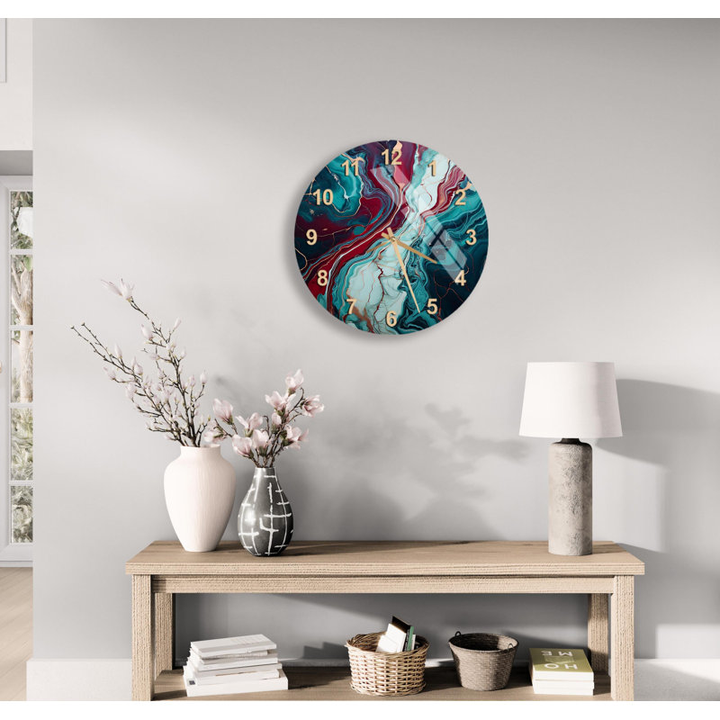 Horloge murale en marbre - Silencieux, verre trempé, motif abstrait, Moyen: 15 po