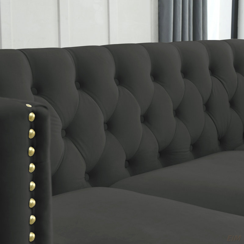 Canapé modulaire en L avec coussins Stoughton, Velours noir