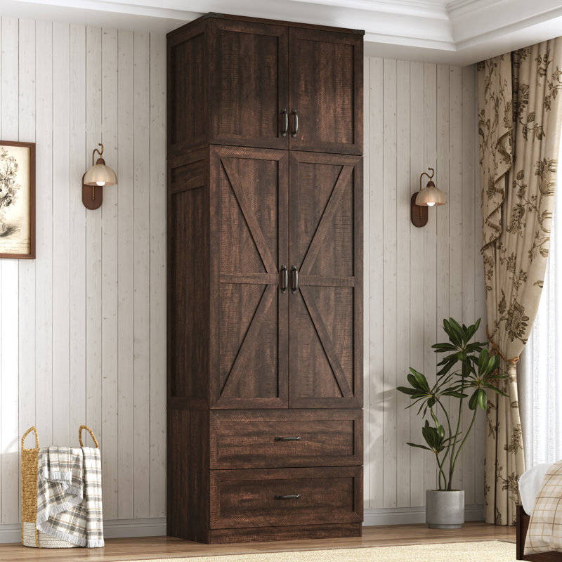 Armoire-penderie de 239 cm de haut avec 2 portes, éclairage DEL à détecteur de mouvement, 2 tiroirs et portes coulissantes de style grange. Meuble de rangement en bois avec compartiment supérieur. Parfait pour la chambre à coucher. Couleur : marron.