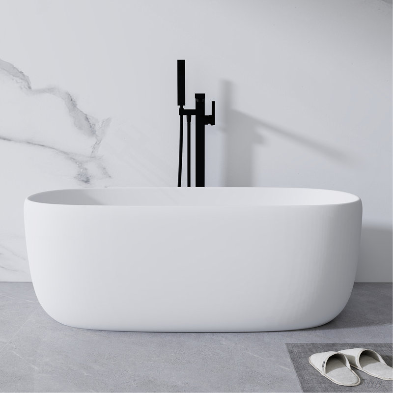 51'' Freestanding Bathtub Resin Stone Soaking Bathtub Solid Surface Modern Tubs With Overflow And Pop-Up Drain In White