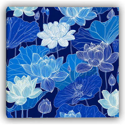 Tranquil Petals - Navy Blue Lotus Flower Canvas Wall Art