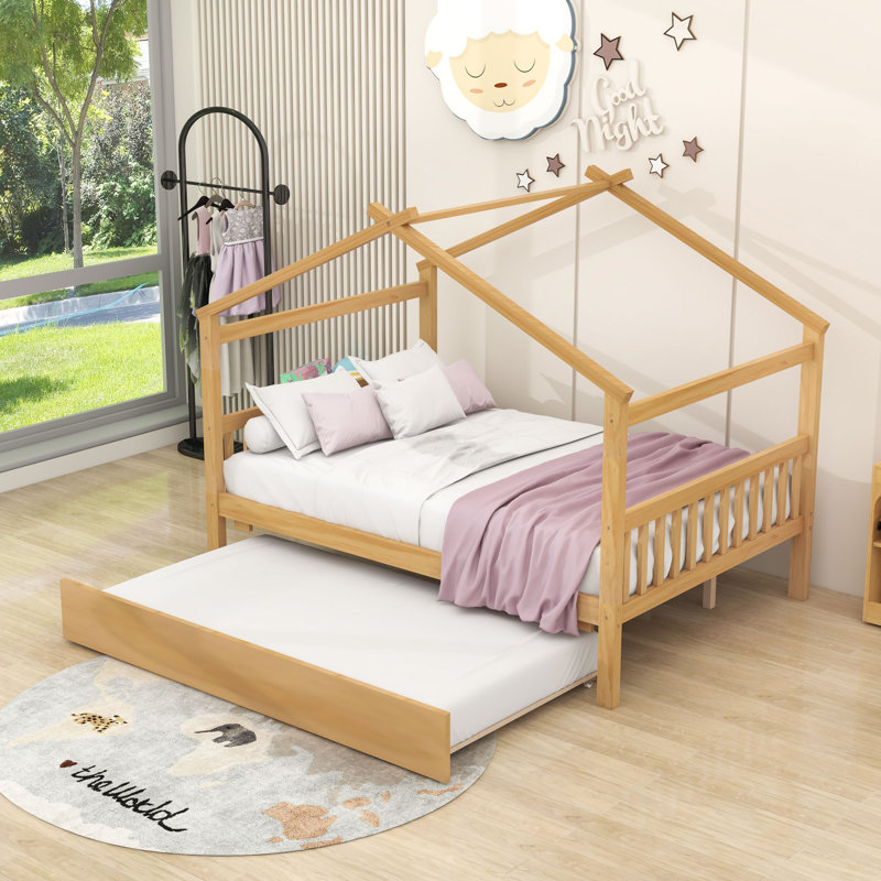 Wooden House-Shaped Bed With Sky Roof And Twin Pull-Out Trundle, Full, Natural