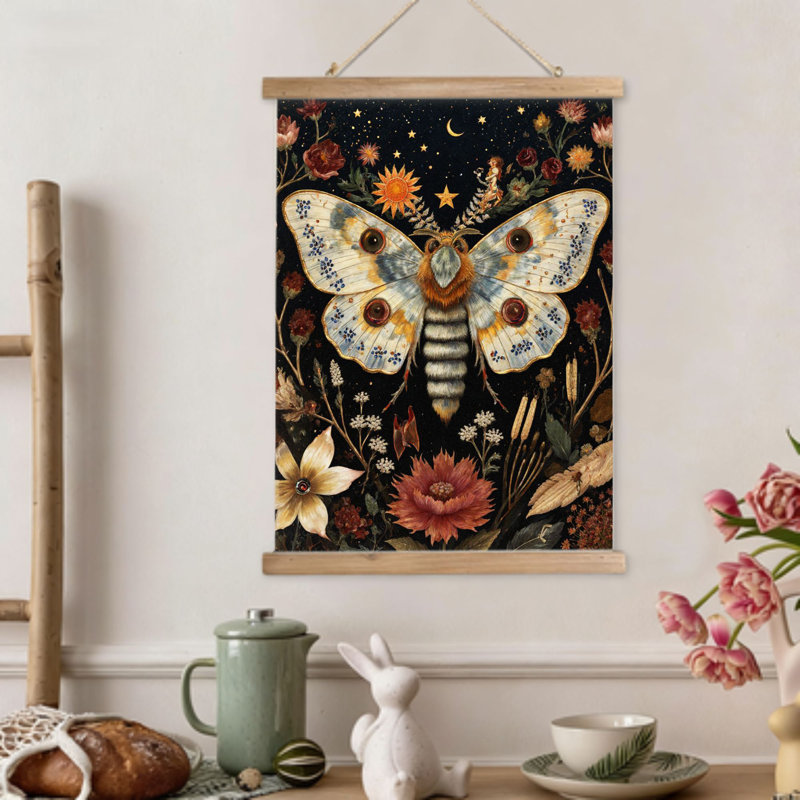 Moth & Night Blooms, art mural à volutes suspendues, cintre en bois intégré, 16 x 24