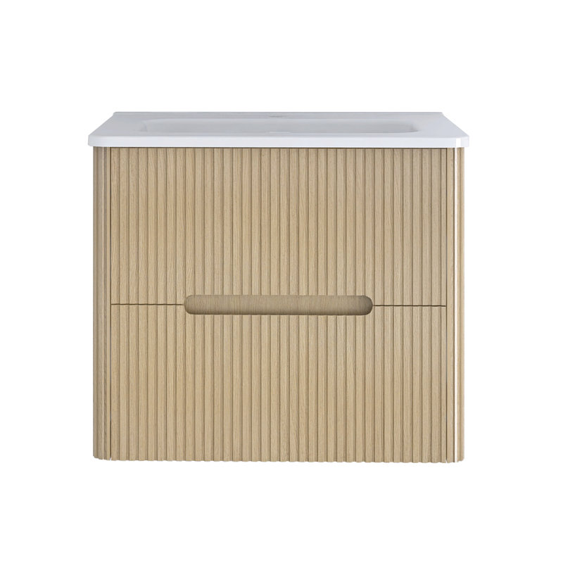 24 Inches Wall-Mounted Bathroom Vanity Set With Ceramic Integrated Top, Natural Oak