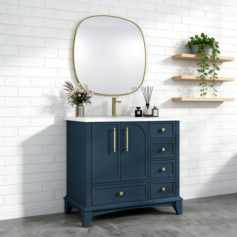 Bathroom Vanity with Sink, Drawers and Metal Handles, Blue