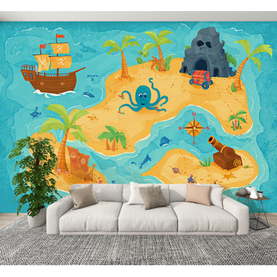 Peel and Stick Wallpaper Pirate Treasure Map Ship Volcano Jungle Path Wall Murals 100"H x 144"W Removable PVC Wall Paper Self-Adhesive Wall Decor for Bedroom Living Room Home Office Nursery