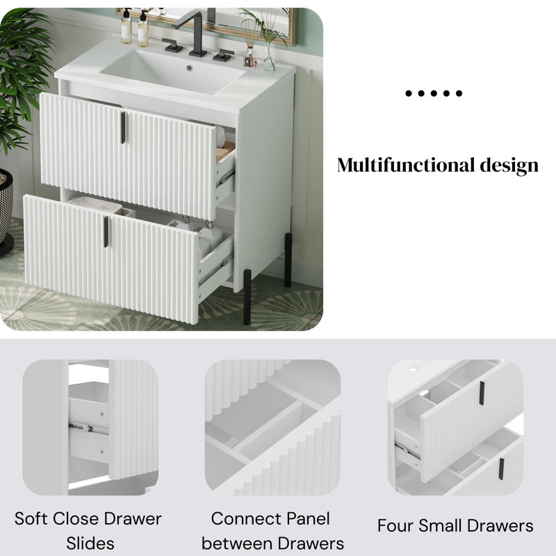 Meuble-lavabo de 30 po avec lavabo en céramique, équipé de poignées verticales et de tiroirs pleine extension., Naturel