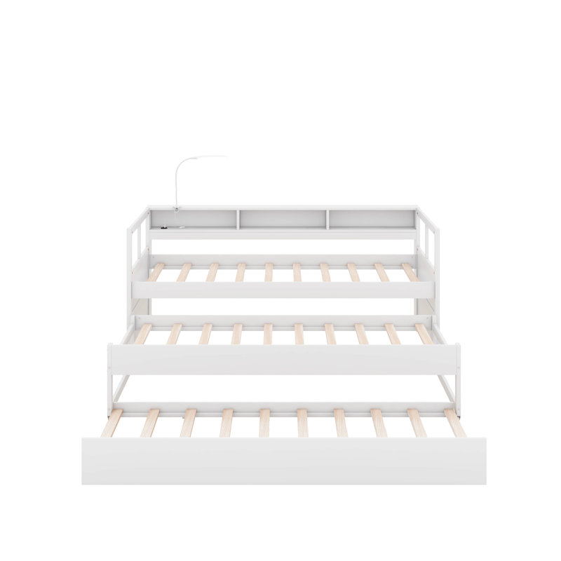 Twin XL Wood Daybed With 2 Trundles, Storage Cubbies, 1 Light For Free And USB, White