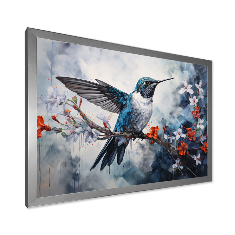 Colibri harmonie florale sur toile, H 34 po x l 44 po x P 1,5 po, Cadre simple argenté