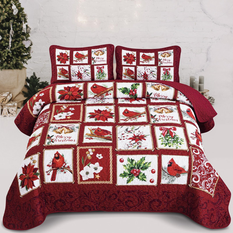Christmas Cardinal and Poinsettia 3-Piece Coverlet Set, King
